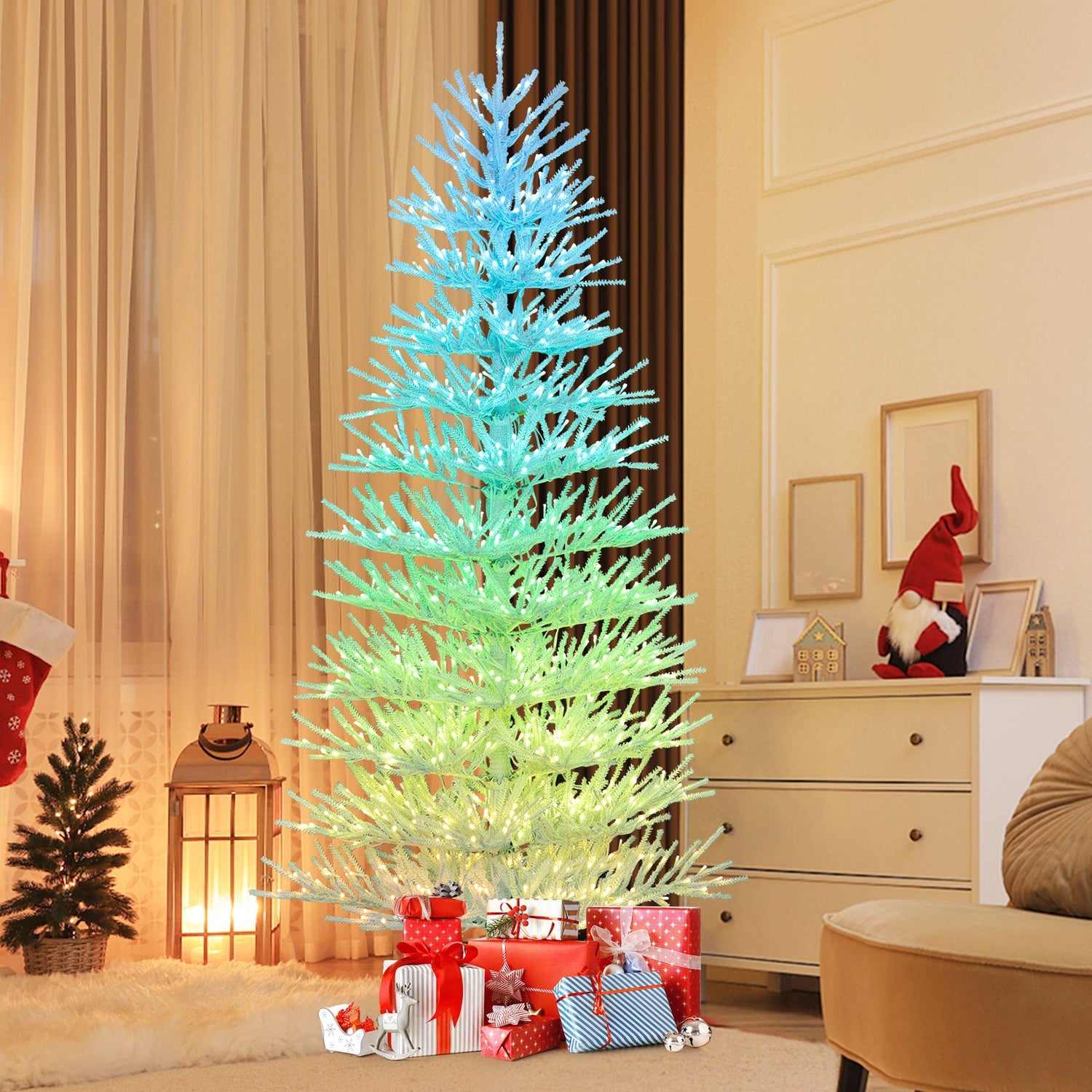 Árbol de Navidad artificial preiluminado de 7 pies con bisagras y 820 puntas de rama tipo coral