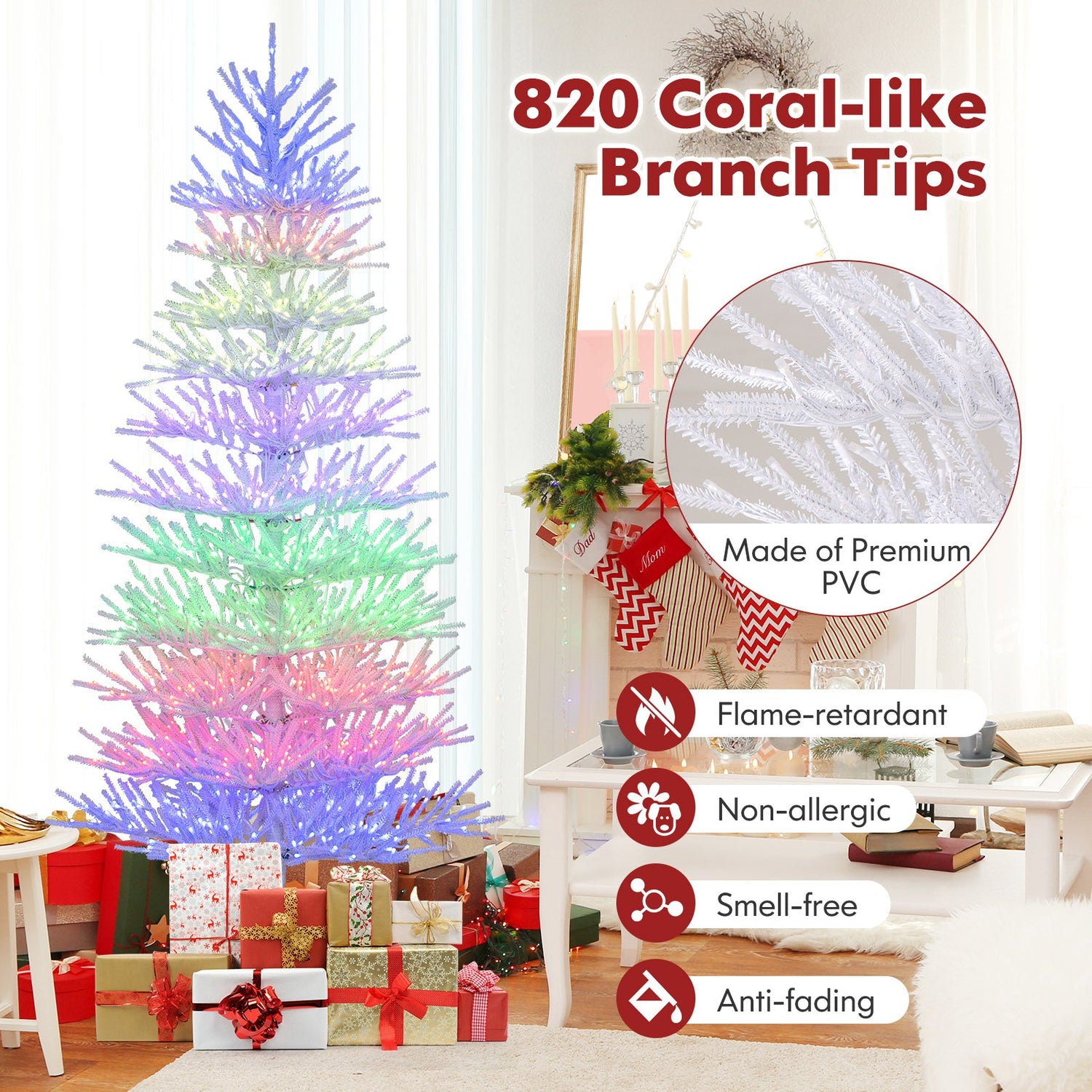 Árbol de Navidad artificial preiluminado de 7 pies con bisagras y 820 puntas de rama tipo coral