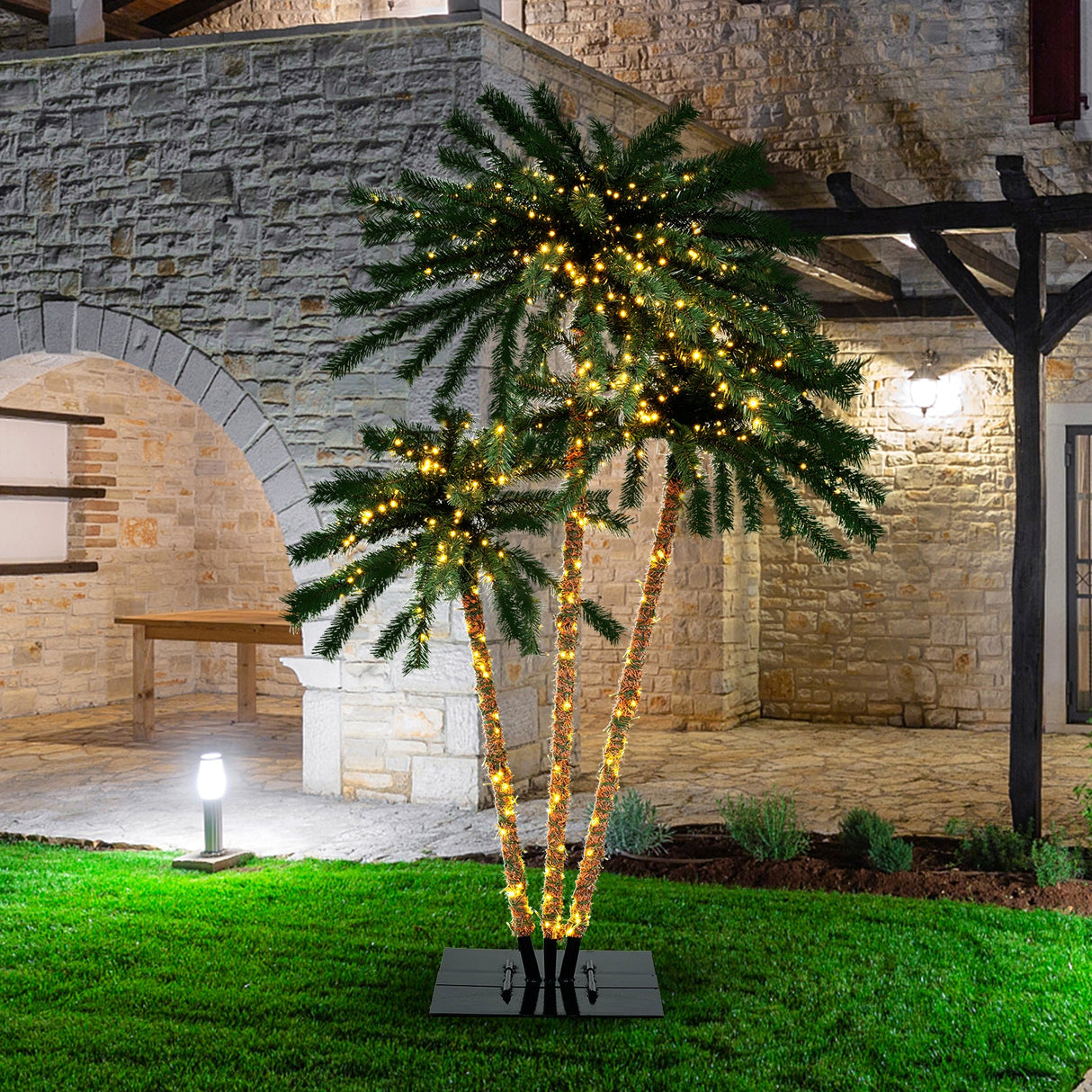Palmera Artificial Iluminada con Base Metálica, 157 Puntas de Rama y 930 Luces LED Blancas Cálidas
