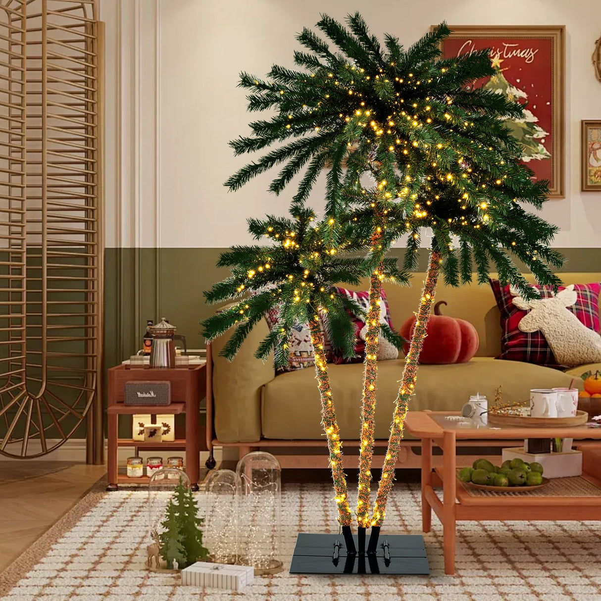 Palmera Artificial Iluminada con Base Metálica, 157 Puntas de Rama y 930 Luces LED Blancas Cálidas
