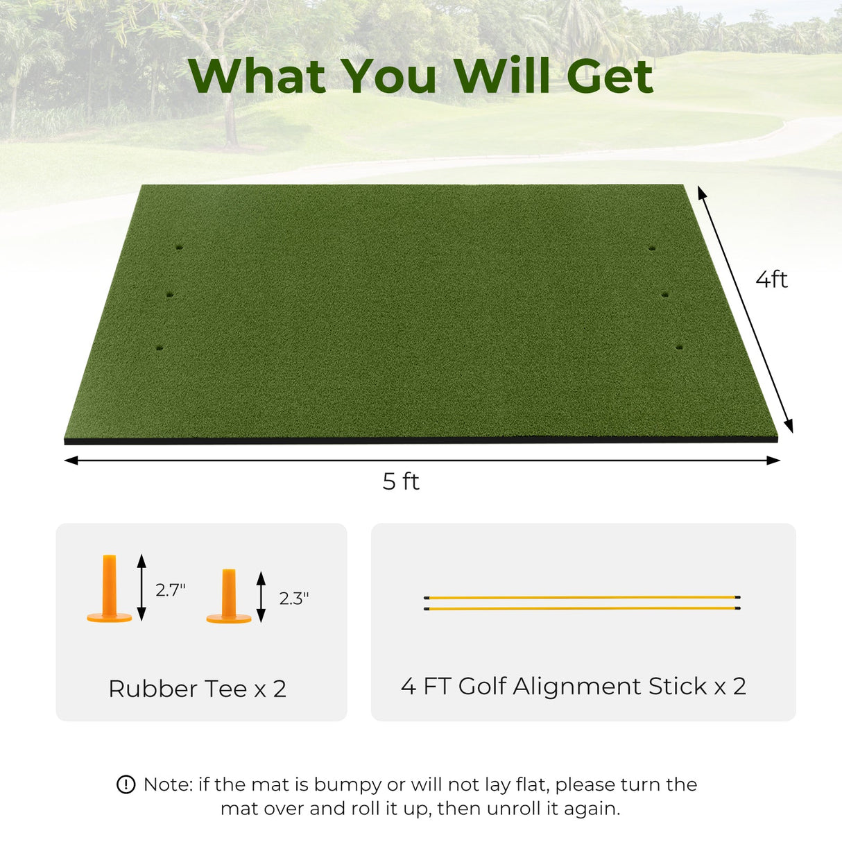 Alfombra de césped artificial para práctica de golf en interiores y exteriores Incluye 2 tees de goma y 2 varillas de alineación