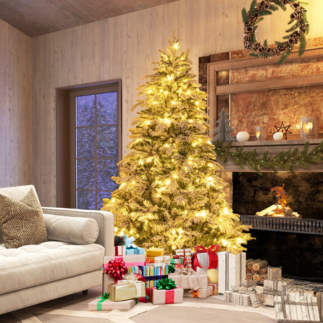 4.5/6/7 Feet Flocked Christmas Tree with Warm White LED Lights