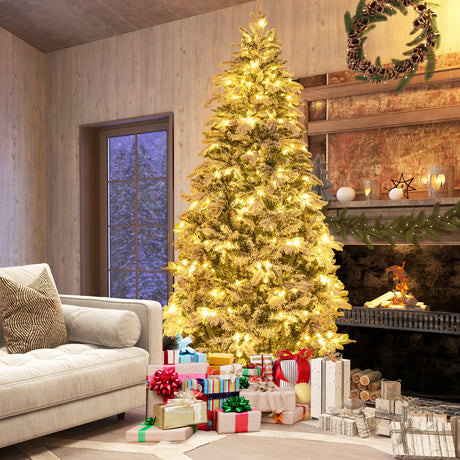 4.5/6/7 Feet Flocked Christmas Tree with Warm White LED Lights
