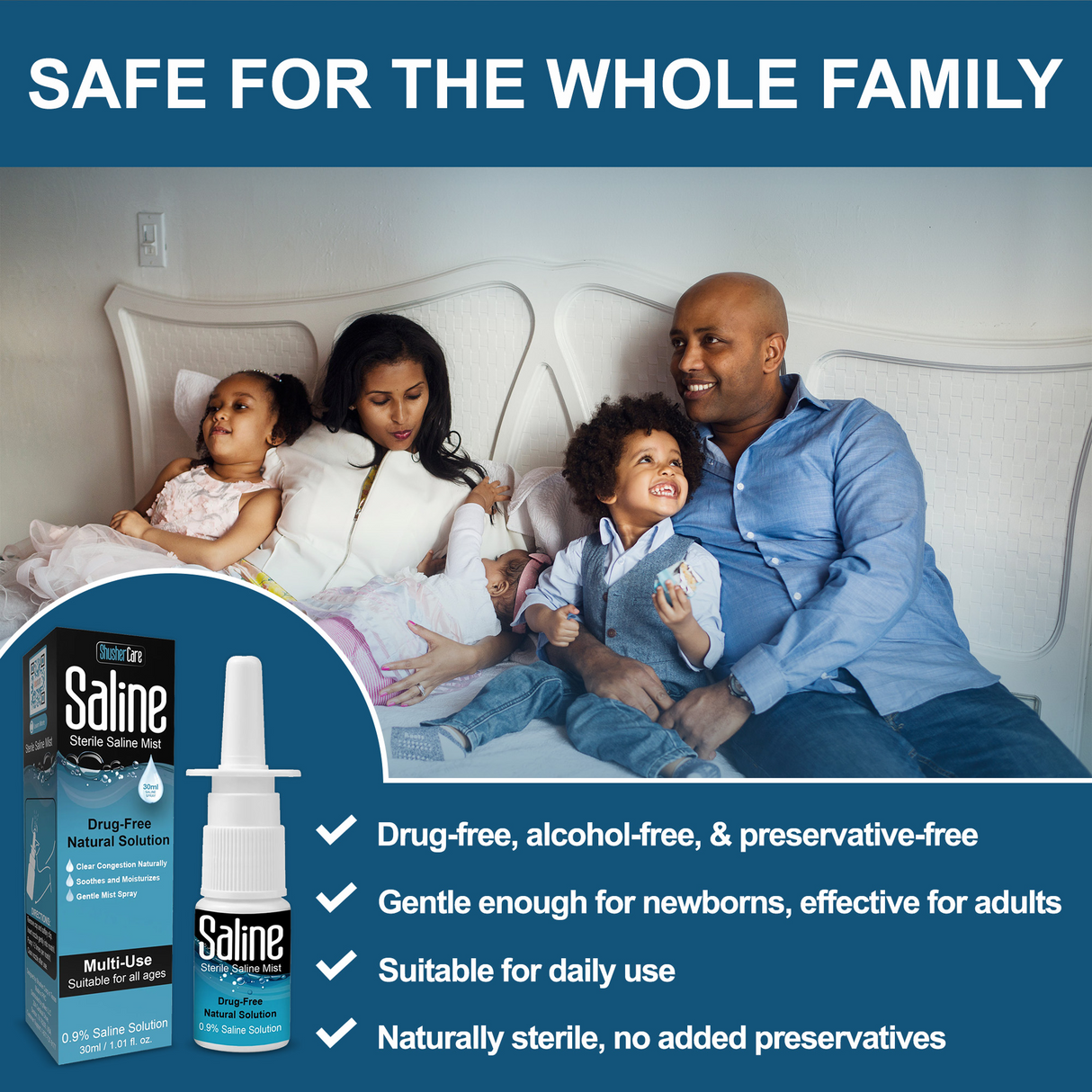 Shusher Care Spray nasal salino – Alivio de la congestión sin medicamentos ni conservantes para bebés y toda la familia