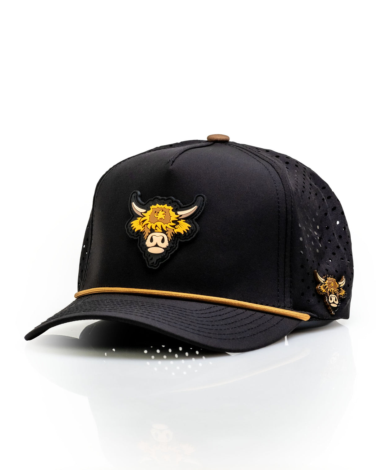 Vaca de las Tierras Altas Negra - Gorra de Cuerda Perforada