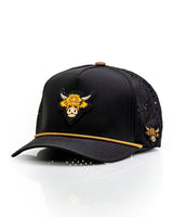 Vaca de las Tierras Altas Negra - Gorra de Cuerda Perforada