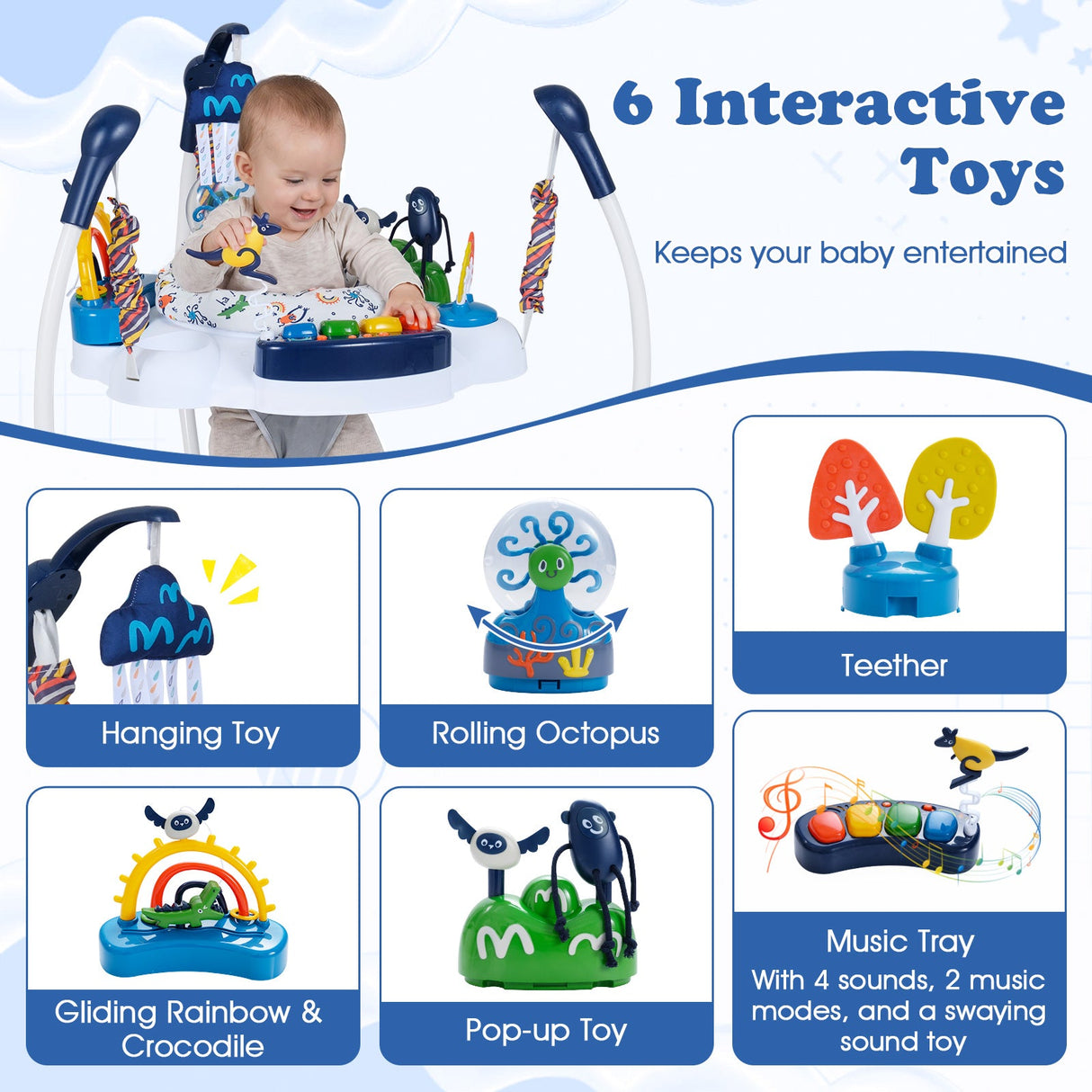 Centro de actividades para bebés saltador y rebotador con 6 juguetes interactivos luces y música