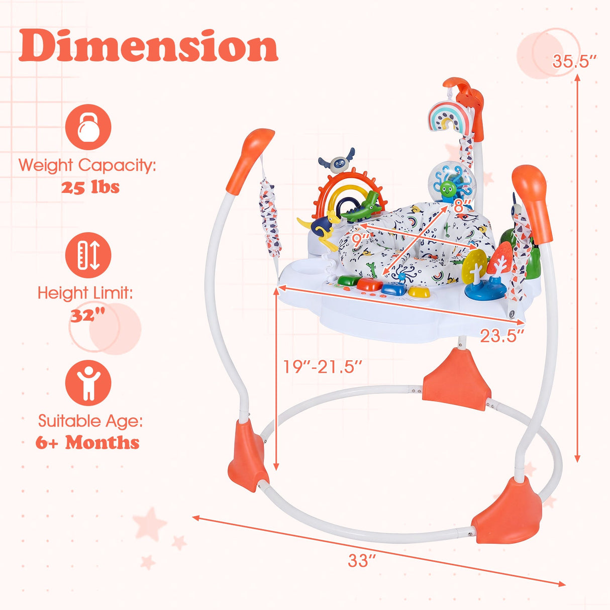 Centro de actividades para bebés saltador y rebotador con 6 juguetes interactivos luces y música
