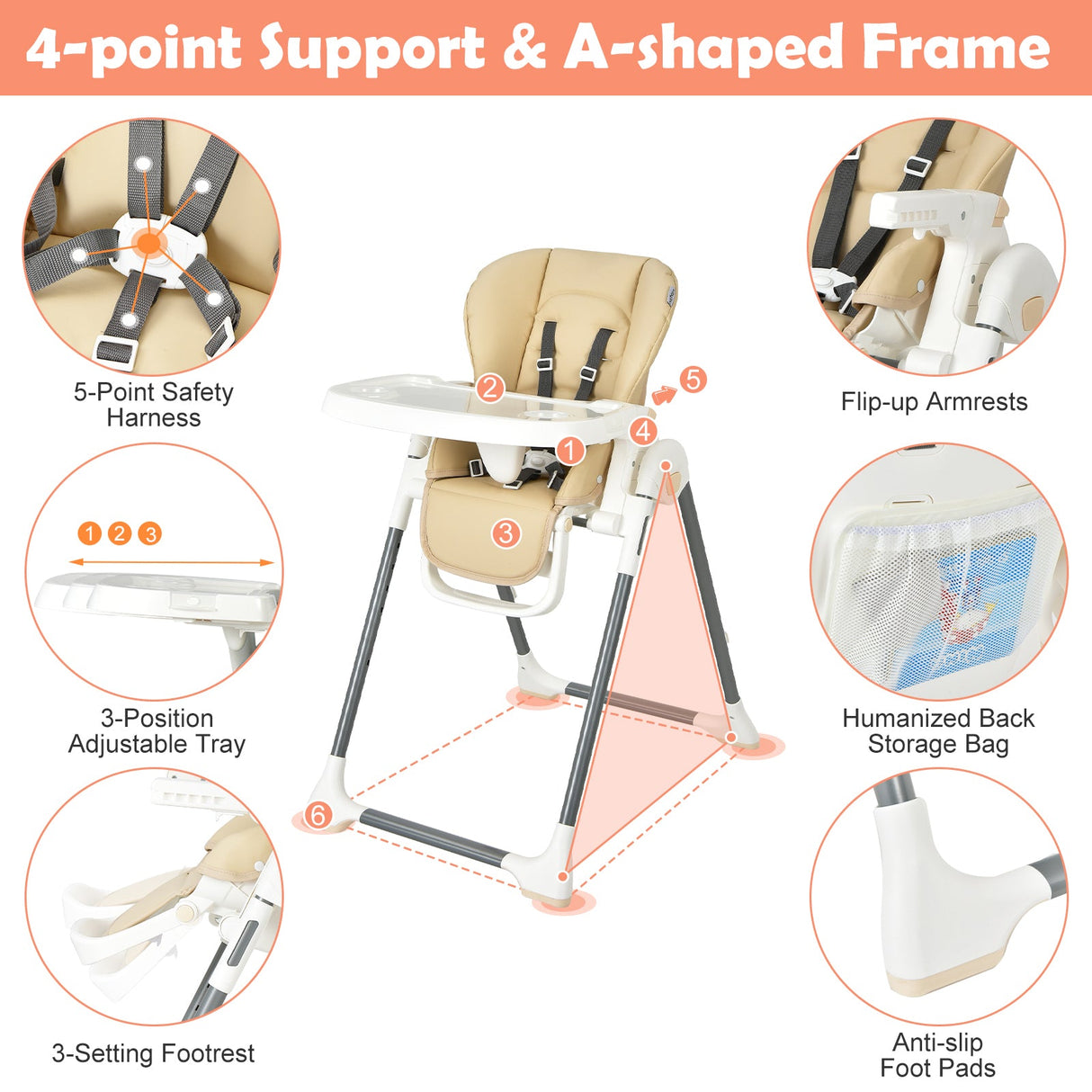 Silla alta plegable para bebé con doble bandeja extraíble y soporte para libros
