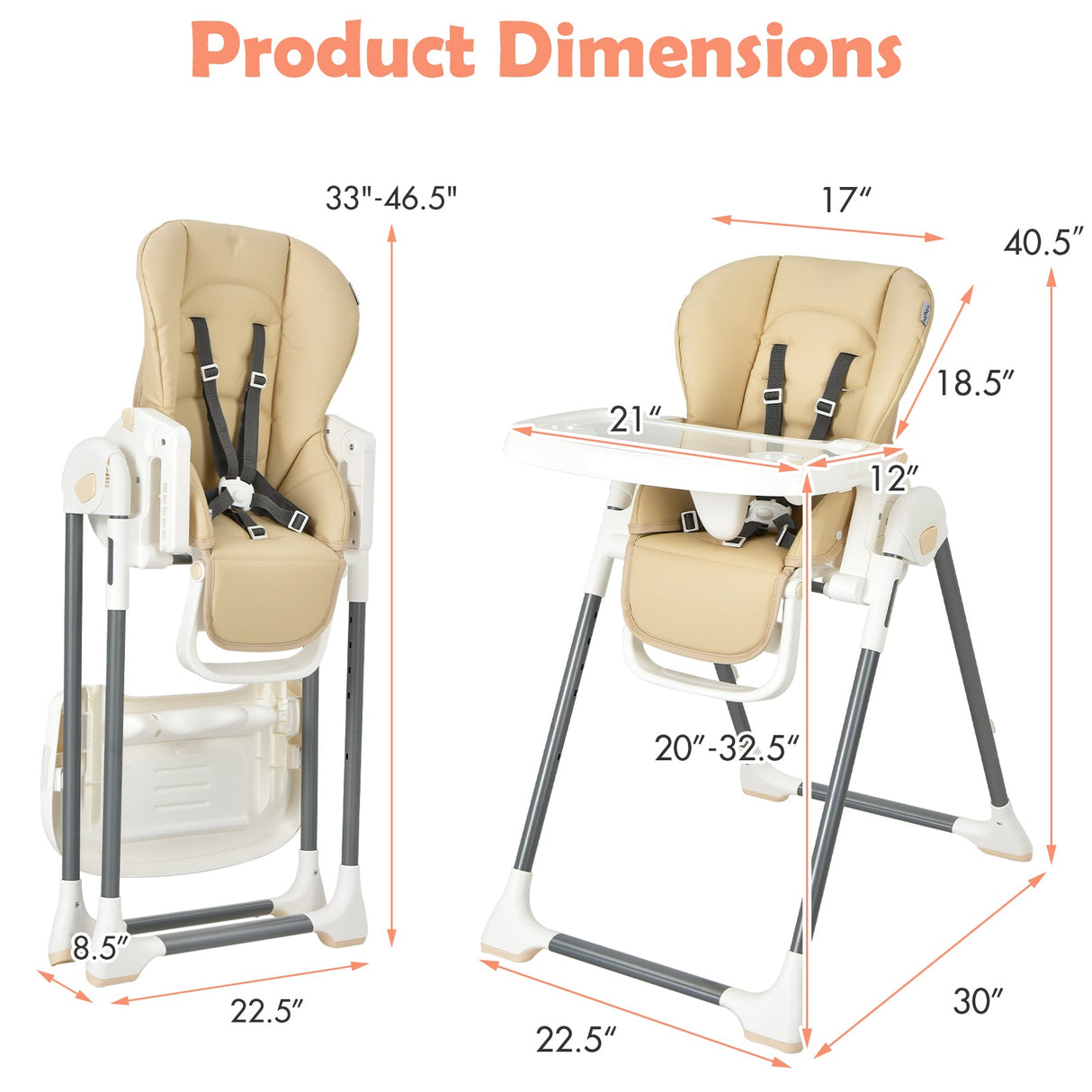 Silla alta plegable para bebé con doble bandeja extraíble y soporte para libros