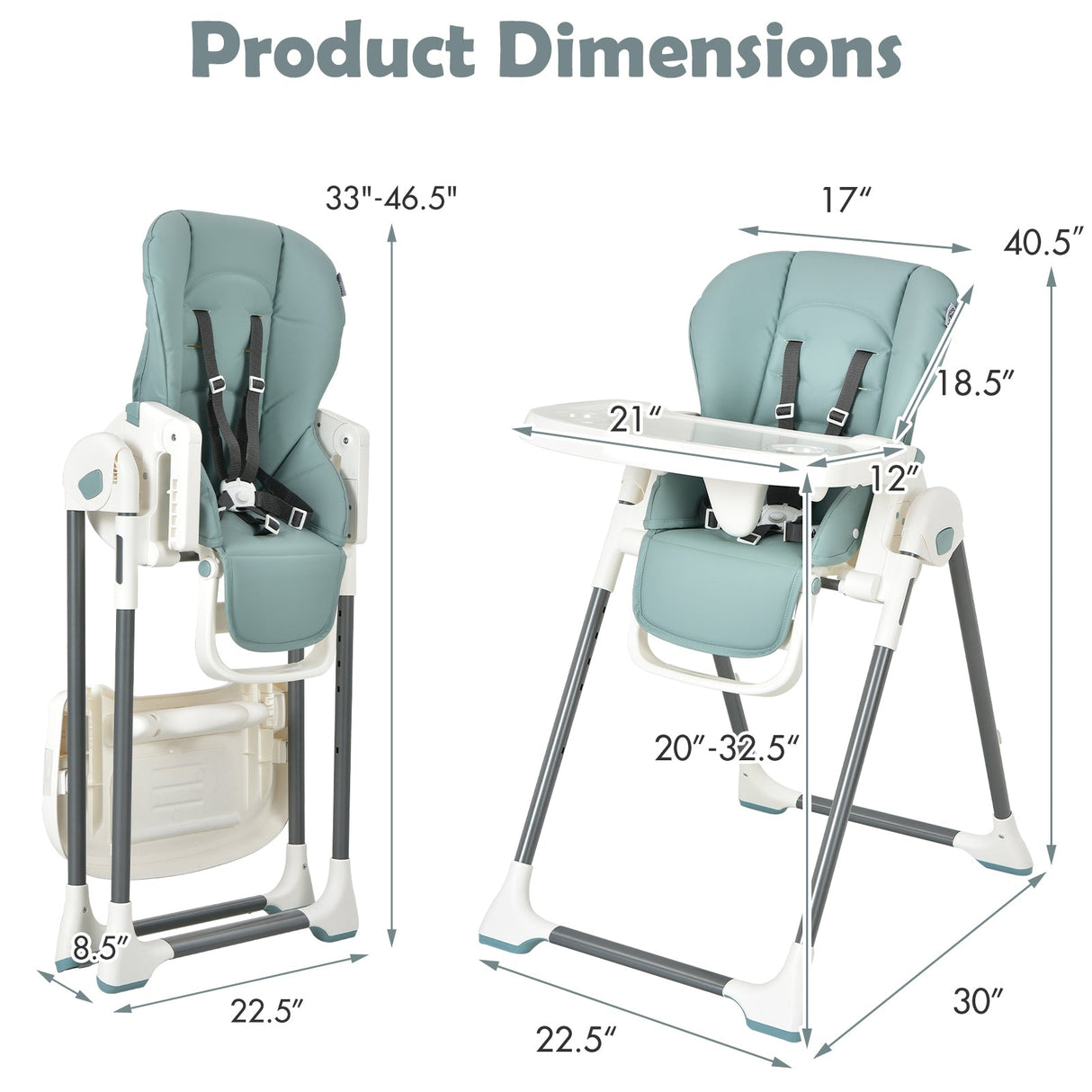Silla alta plegable para bebé con doble bandeja extraíble y soporte para libros