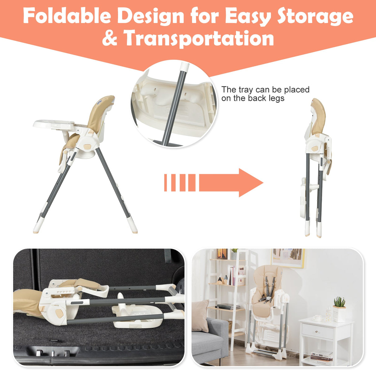 Silla alta plegable para bebé con doble bandeja extraíble y soporte para libros