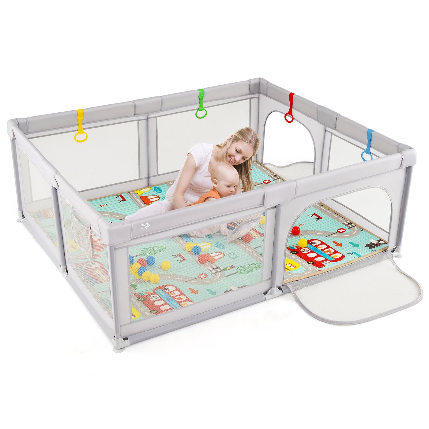 Baby Playpen with Mat and Breathable Mesh-Gray