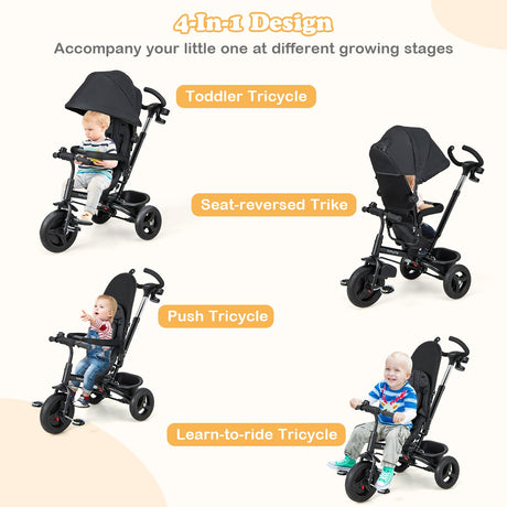 Triciclo para bebé 4 en 1, triciclo para niños pequeños con asiento reversible y arnés de seguridad de 5 puntos