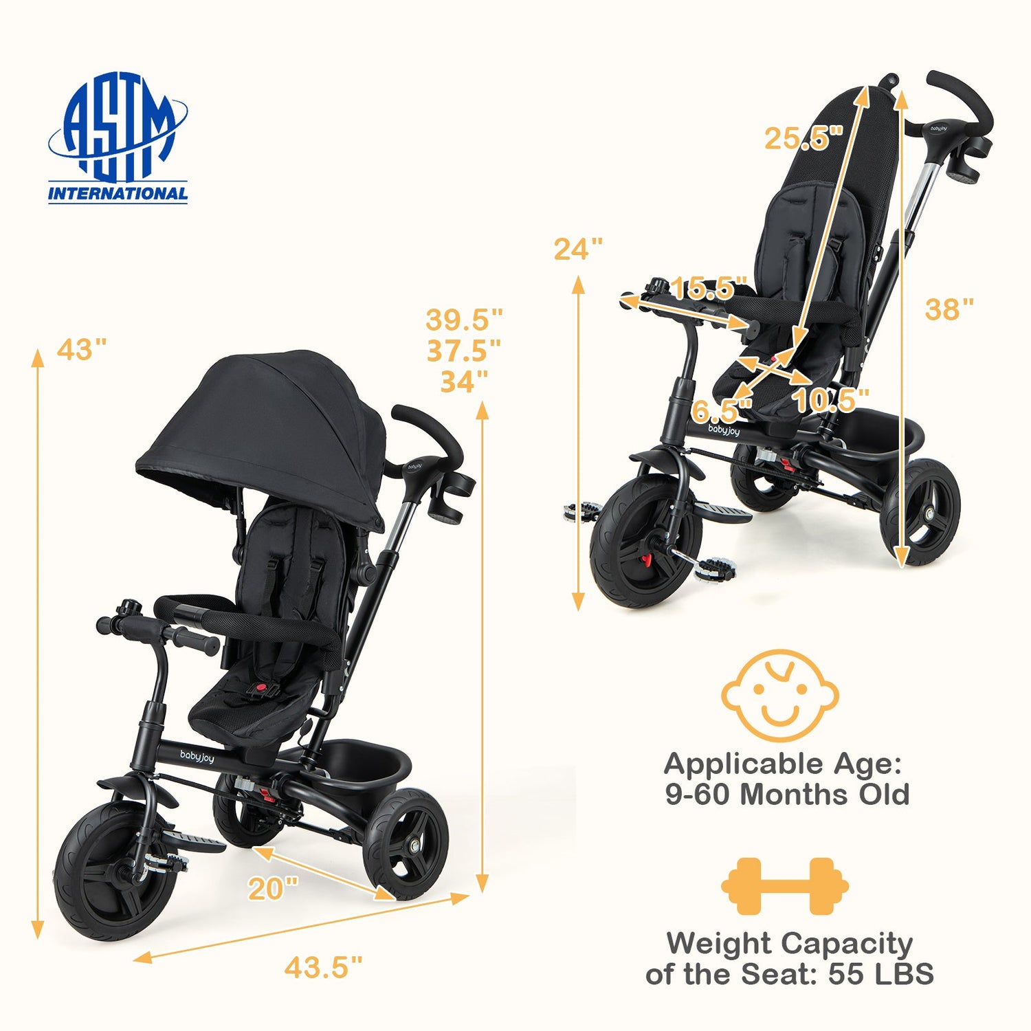 4-in-1 Baby Tricycle Toddler Trike with Reversible Seat and 5-Point Safety Harness
