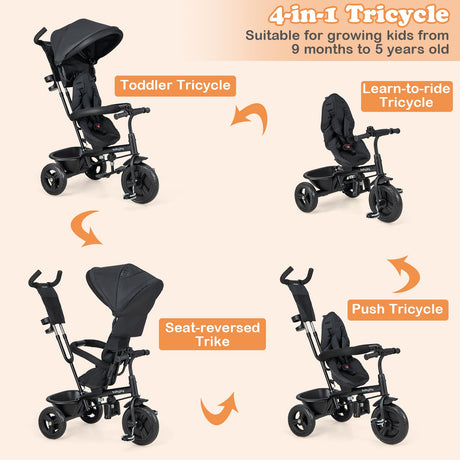 Triciclo para bebé 4 en 1 con capota extraíble y asa de empuje ajustable