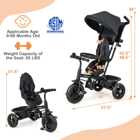 Triciclo para bebé 4 en 1 con capota extraíble y asa de empuje ajustable
