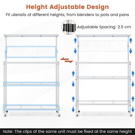 4-Tier Bakers Rack on Wheels with Adjustable Shelves-Silver