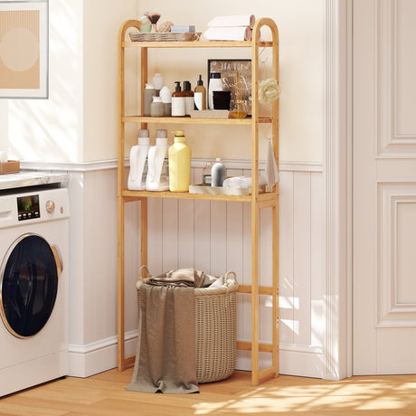 Organizador de piso de bambú de 3 niveles para baño con estantes de 5 posiciones y 3 ganchos-Natural