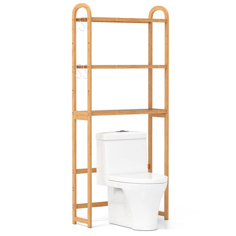 Organizador de piso de bambú de 3 niveles para baño con estantes de 5 posiciones y 3 ganchos-Natural