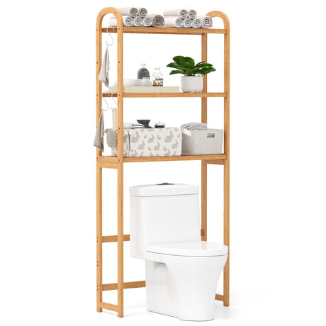 Organizador de piso de bambú de 3 niveles para baño con estantes de 5 posiciones y 3 ganchos-Natural