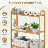 3-Tier Bamboo Bathroom Floor Organizer with 5-Position Shelves and 3 Hooks-Natural