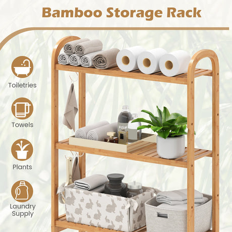 Organizador de piso de bambú de 3 niveles para baño con estantes de 5 posiciones y 3 ganchos-Natural