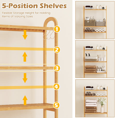 Organizador de piso de bambú de 3 niveles para baño con estantes de 5 posiciones y 3 ganchos-Natural