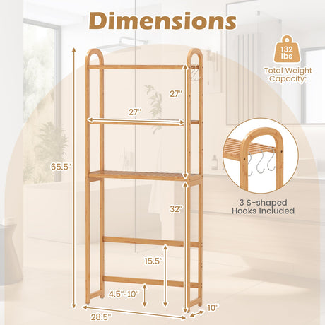 Organizador de piso de bambú de 3 niveles para baño con estantes de 5 posiciones y 3 ganchos-Natural