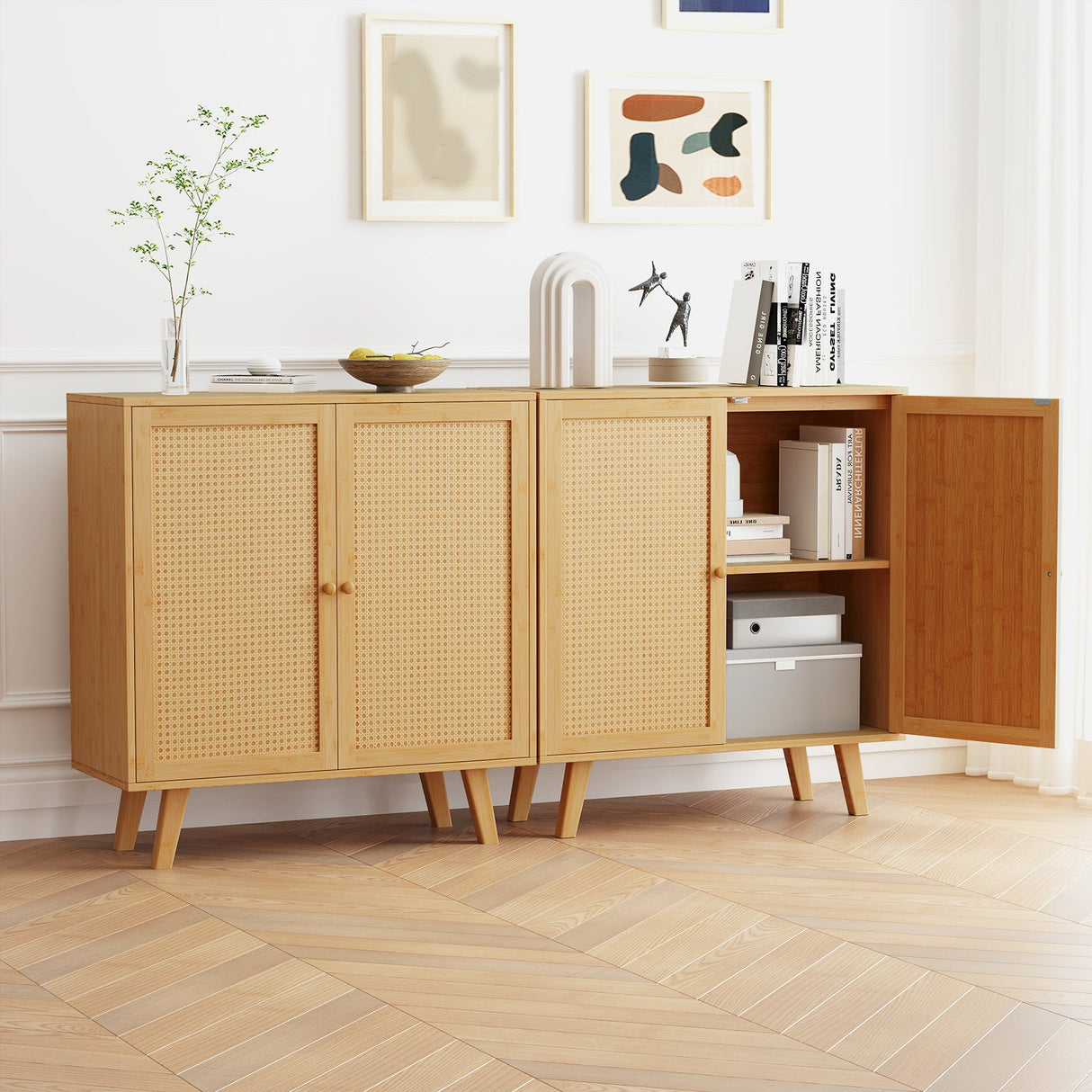 Gabinete de almacenamiento tipo bufé de bambú con puertas de ratán PE y alacena de cocina independiente - Natural