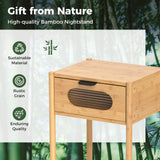 Bamboo Nightstand Square Tall End Table with Decorated Drawer-Natural