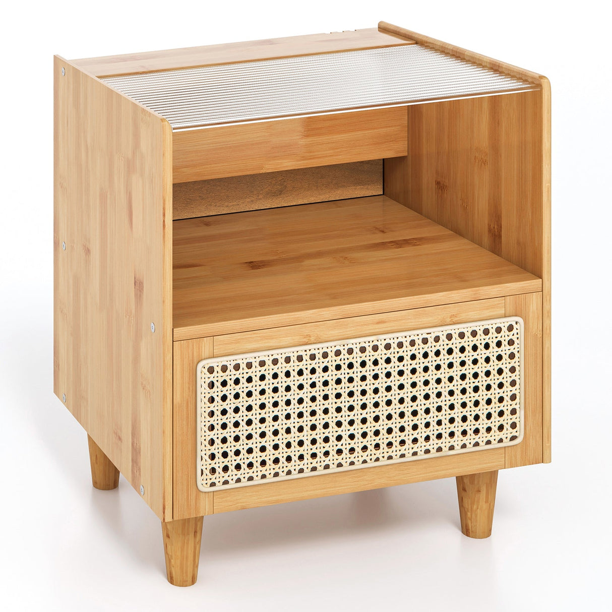 Mesita de noche de ratán de bambú con cajón y patas de madera maciza