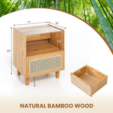 Mesita de noche de ratán de bambú con cajón y patas de madera maciza