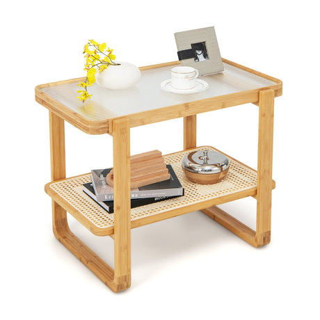 Mesa auxiliar de bambú de 2 niveles con tapa de cristal - Natural