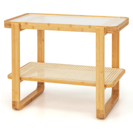 Mesa auxiliar de bambú de 2 niveles con tapa de cristal - Natural