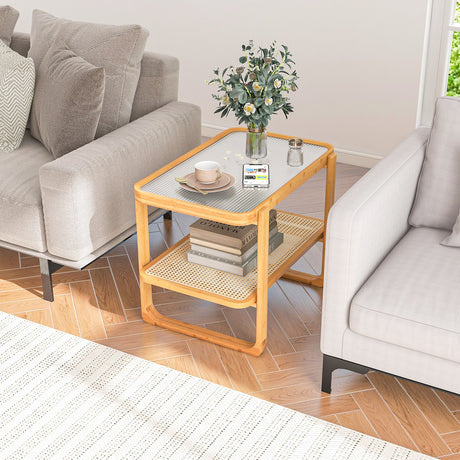 Mesa auxiliar de bambú de 2 niveles con tapa de cristal - Natural