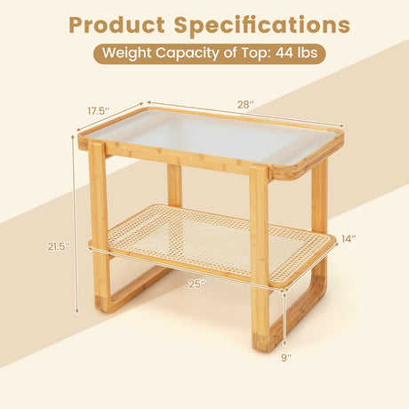 Mesa auxiliar de bambú de 2 niveles con tapa de cristal - Natural
