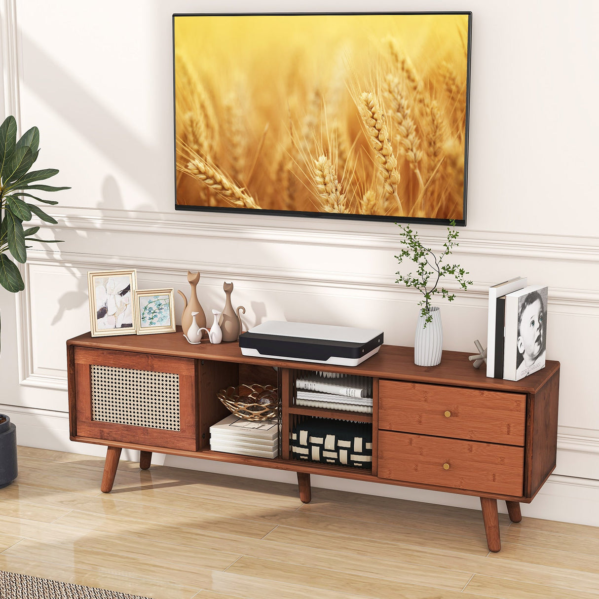 Mueble de TV de bambú para televisores de hasta 65 pulgadas