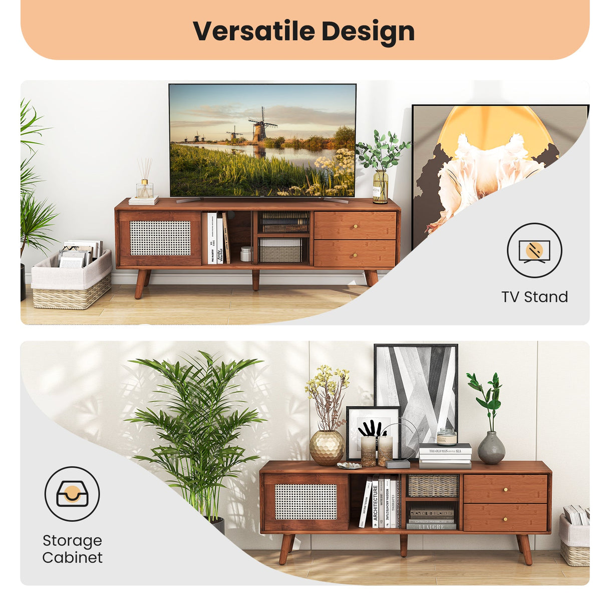 Mueble de TV de bambú para televisores de hasta 65 pulgadas
