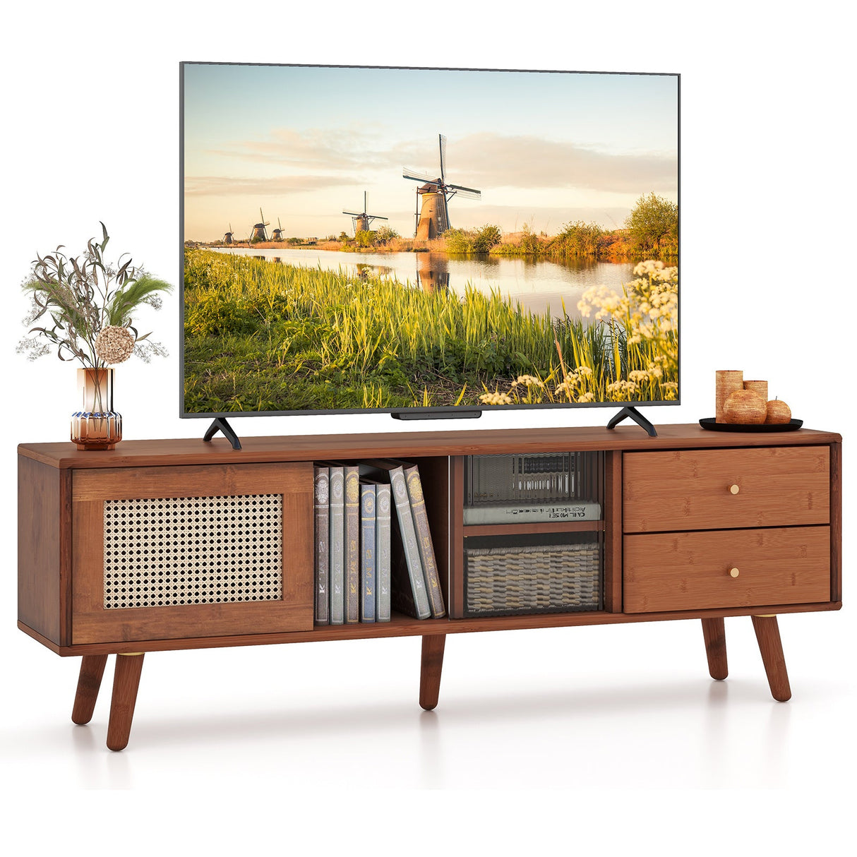Mueble de TV de bambú para televisores de hasta 65 pulgadas