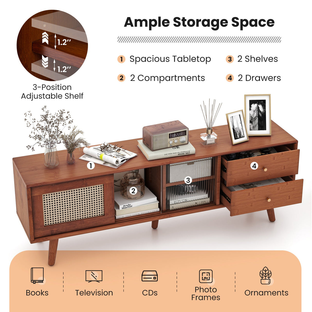 Mueble de TV de bambú para televisores de hasta 65 pulgadas