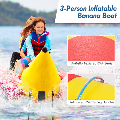 Lancha Hinchable con forma de Plátano para 3 Personas con Bomba de Aire Eléctrica, Bolsa de Transporte y Kit de Reparación