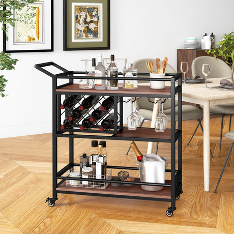 Carrito de bar de 3 niveles con ruedas Carrito de servicio para cocina con botellero y copero