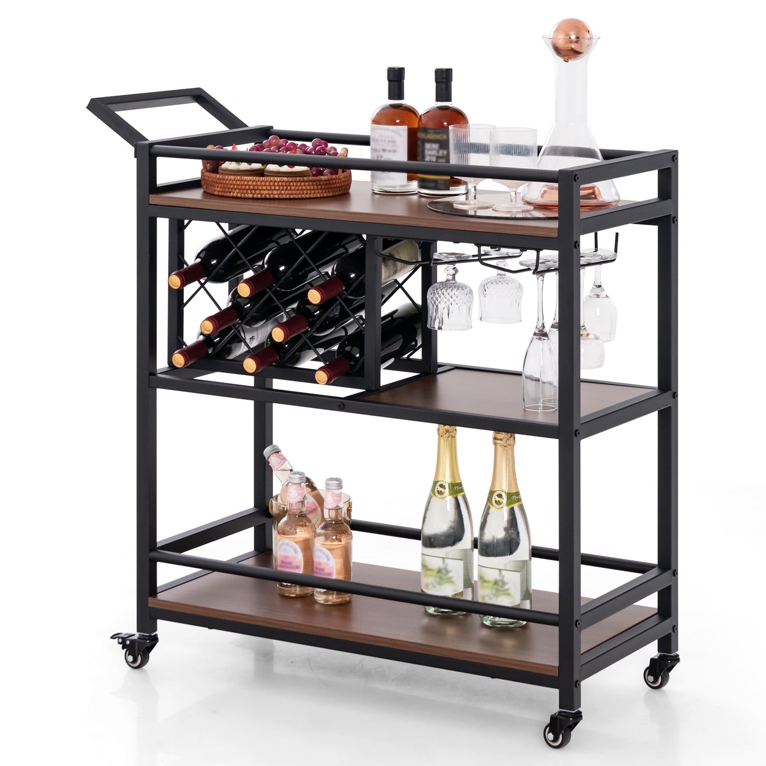 Carrito de bar de 3 niveles con ruedas Carrito de servicio para cocina con botellero y copero