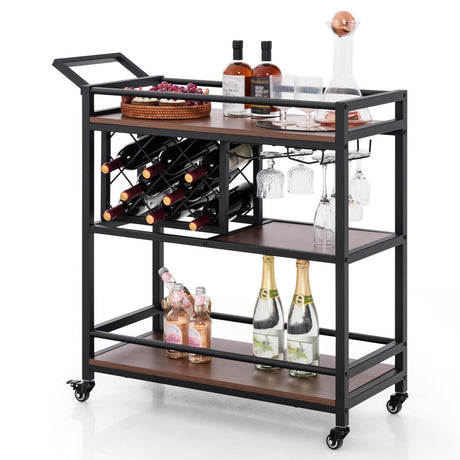 Carrito de bar de 3 niveles con ruedas Carrito de servicio para cocina con botellero y copero