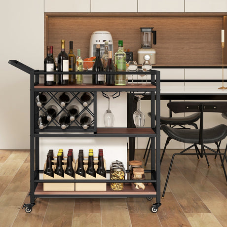 Carrito de bar de 3 niveles con ruedas Carrito de servicio para cocina con botellero y copero