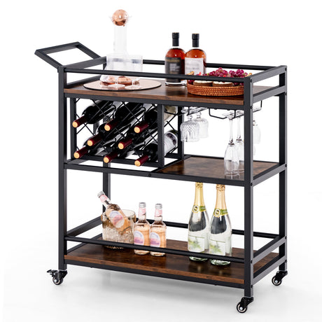 Carrito de bar de 3 niveles con ruedas Carrito de servicio para cocina con botellero y copero