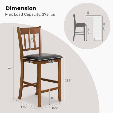 Juego de 2 sillas de bar de 25.5 pulgadas de altura de mostrador con respaldo, asiento acolchado - Nogal