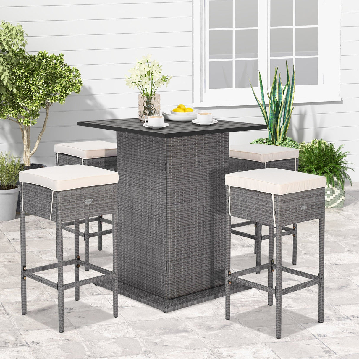 Juego de mesa de bar de mimbre para exteriores de 5 piezas con estantes de almacenamiento ocultos-Blanco