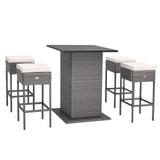 Juego de mesa de bar de mimbre para exteriores de 5 piezas con estantes de almacenamiento ocultos-Blanco